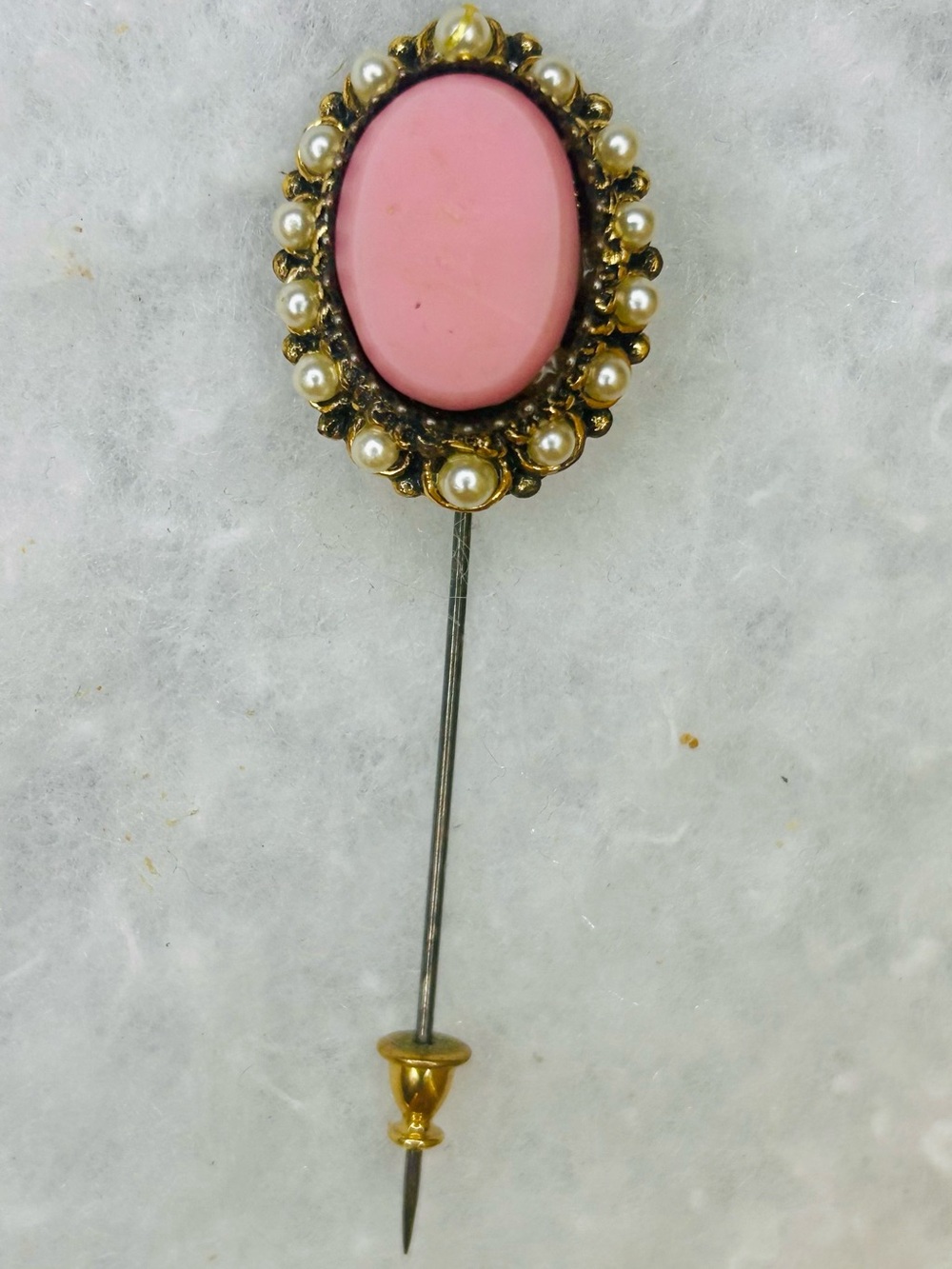 Vintage Pink Cabochan & Faux Pearl Stick Pin/Hat Pin (1955-68)
